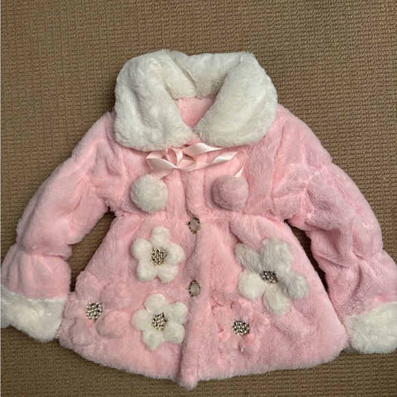 Pink and White Kids Fur Coat with Floral Accents